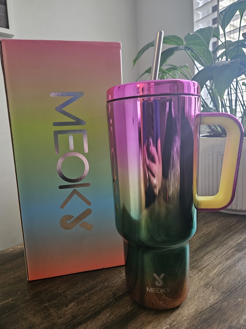 MEOKY Iridescent Stainless Steel Tumbler with Handle - Pink/Green/Yellow. 40oz